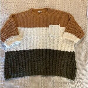 Jodifl Oversized Sweater Size Medium Color Block Brown Cream Green Short Sleeve